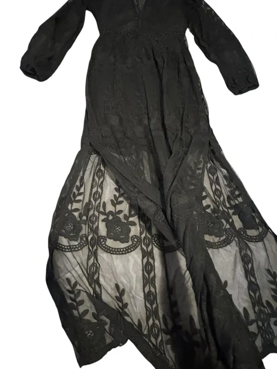 Lace Maxi Dress with Black Floral Embroidery. Size M. Black - Picture 3 of 11